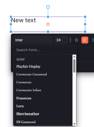 Invitely's real font picker, open in the canvas editor
